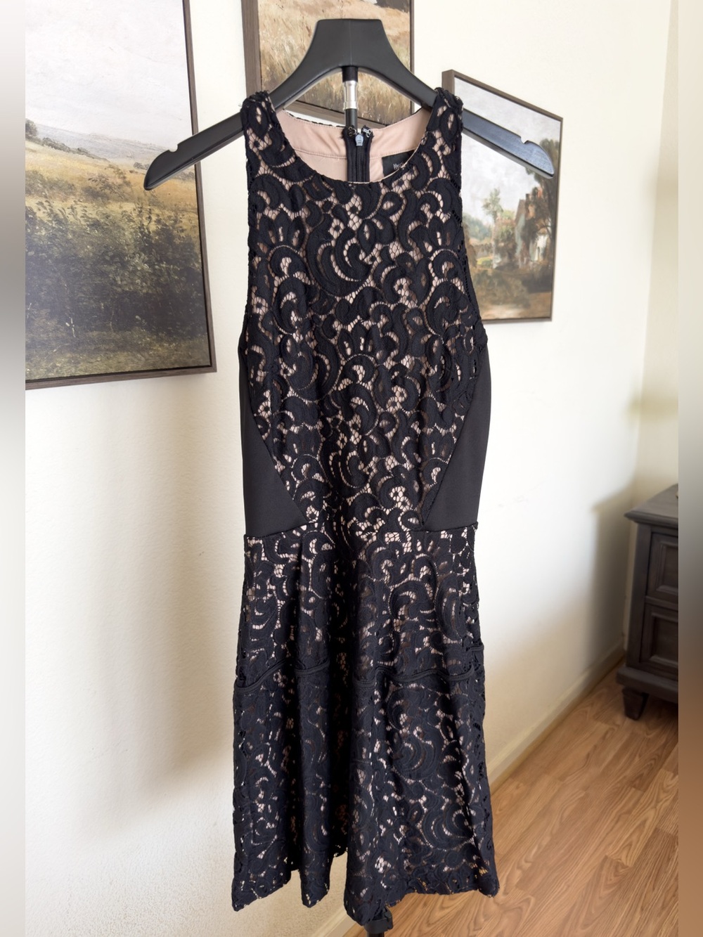 Black Lace Mini Dress with Nude Underlay